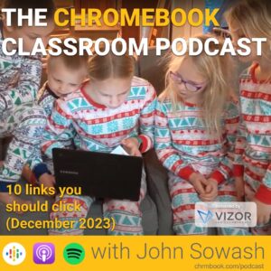 Five kids in Christmas pajamas looking at a Chromebook