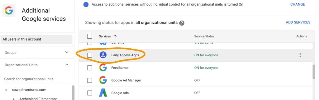 Screenshot of the Google admin console with early access apps circled