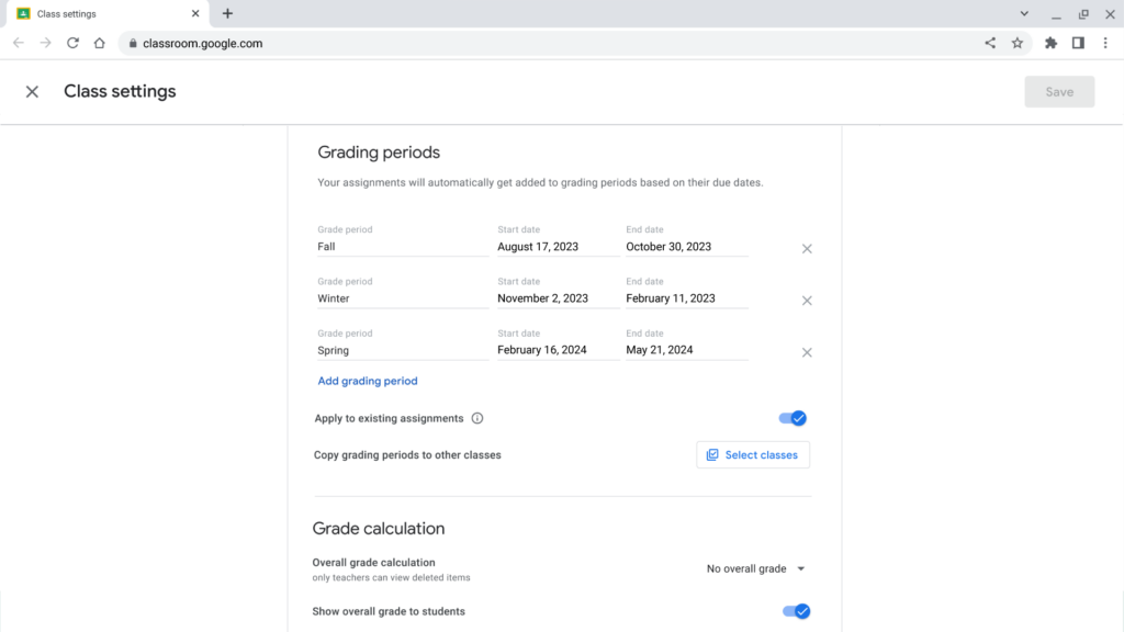 Grading periods for Google Classroom