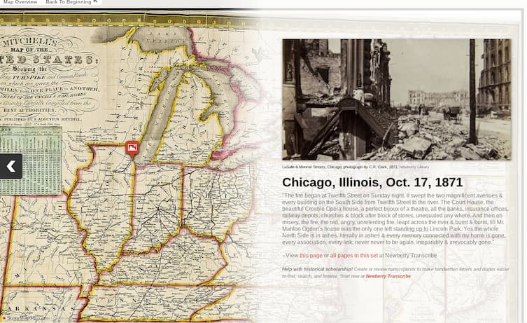 old map with picture of the great Chicago fire