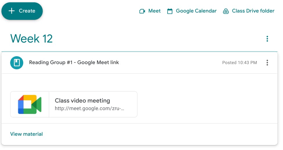 Google Meet link as a material post. 
