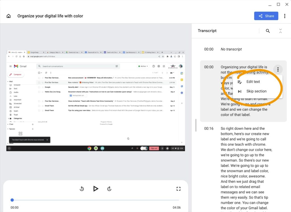 Screenshot showing how to edit the transcript.