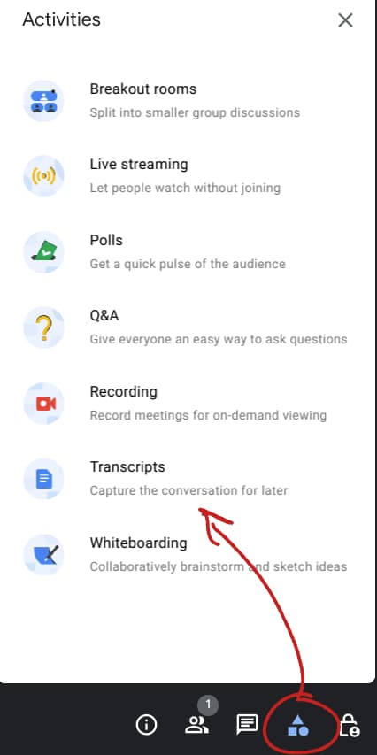 Activity window in Google Meet