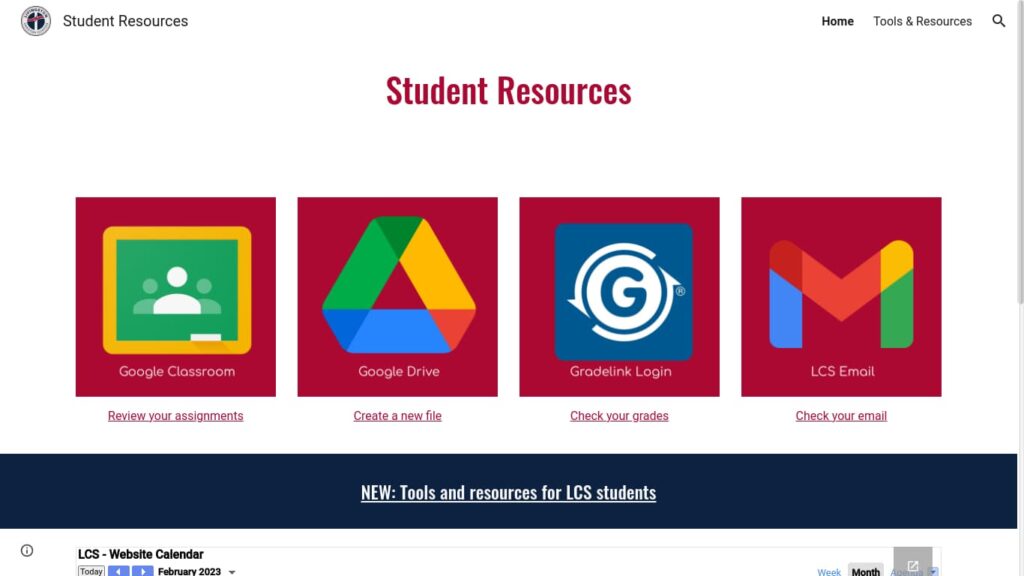 Student resource page with icons for Classroom, Drive, Gradelink, and Gmail. 