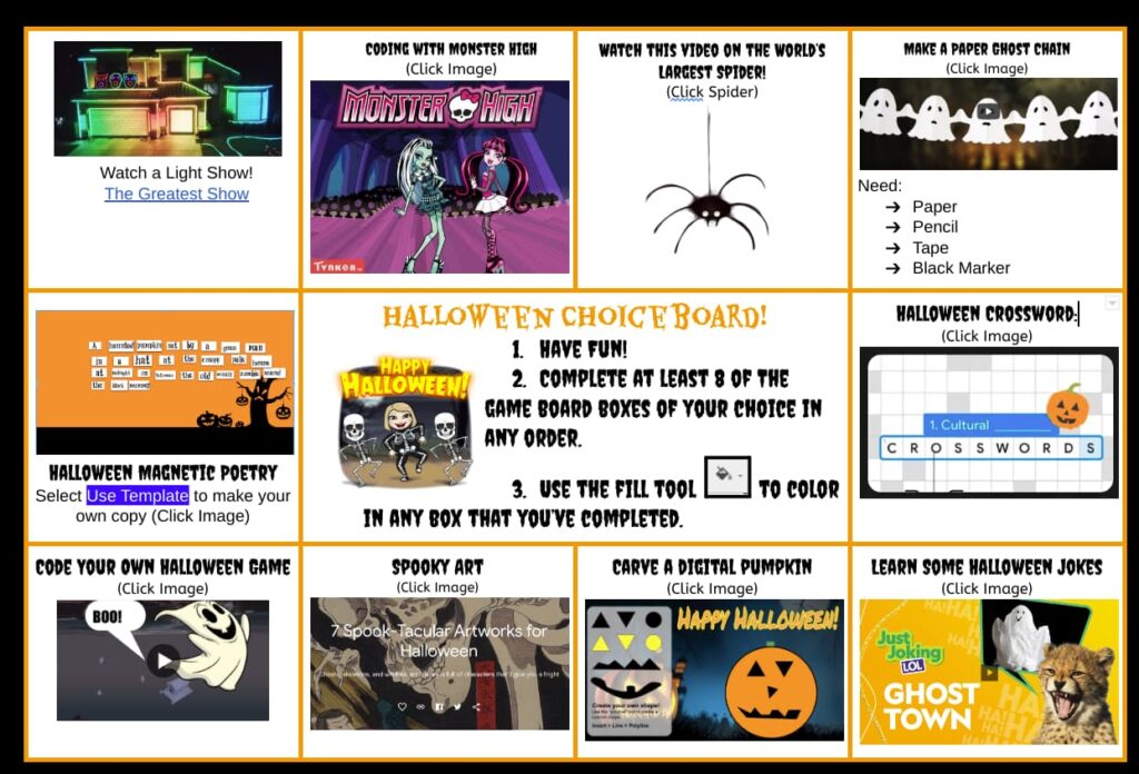 Halloween choiceboard built with Google Docs