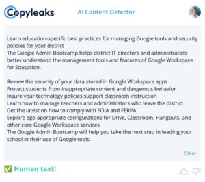 Screen shot of the Copy Leaks AI content detector