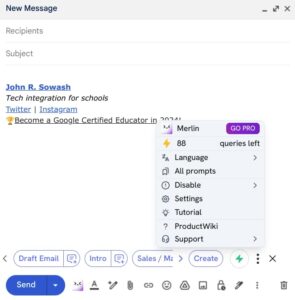 Screenshot of Merlin's Gmail integration which uses AI to help write email. 