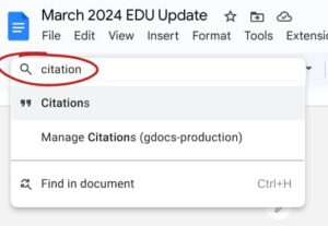 Click on the magnifying glass located on the far left side of the toolbar in Docs, Slides, and Sheets. This is the "tool finder." Search for the feature you are looking for (image, citation, file, etc). Many of the elements of the Explore tool are available individually. 