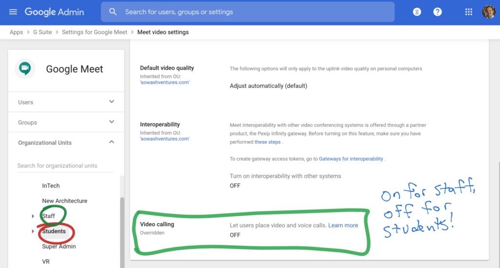 Disable Google Meet video calling for students
