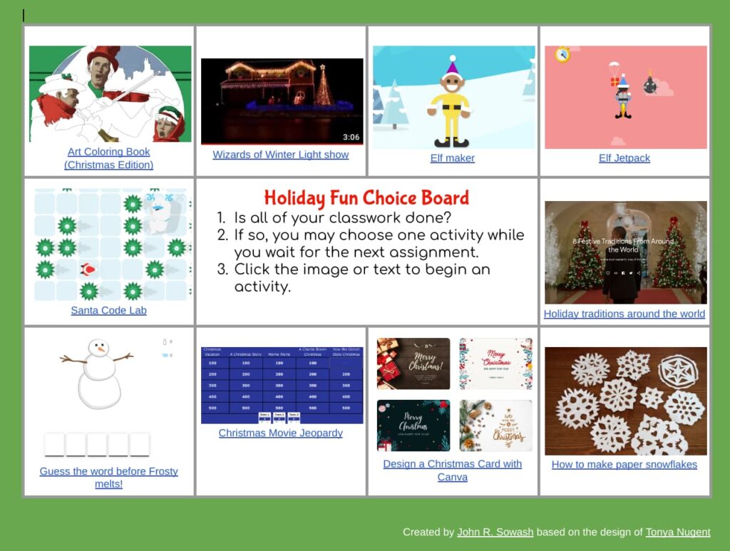 Screenshot of a holiday choice board featuring 10 different activities for elementary students. 